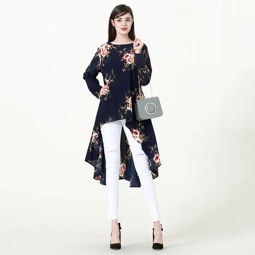 Синий Irregular Style Muslim Tops Women Floral Islamic Dress Abaya Polyester Worship Service Ramadan Eid Mubarak Clothing Costumes - Цвет: Синий
