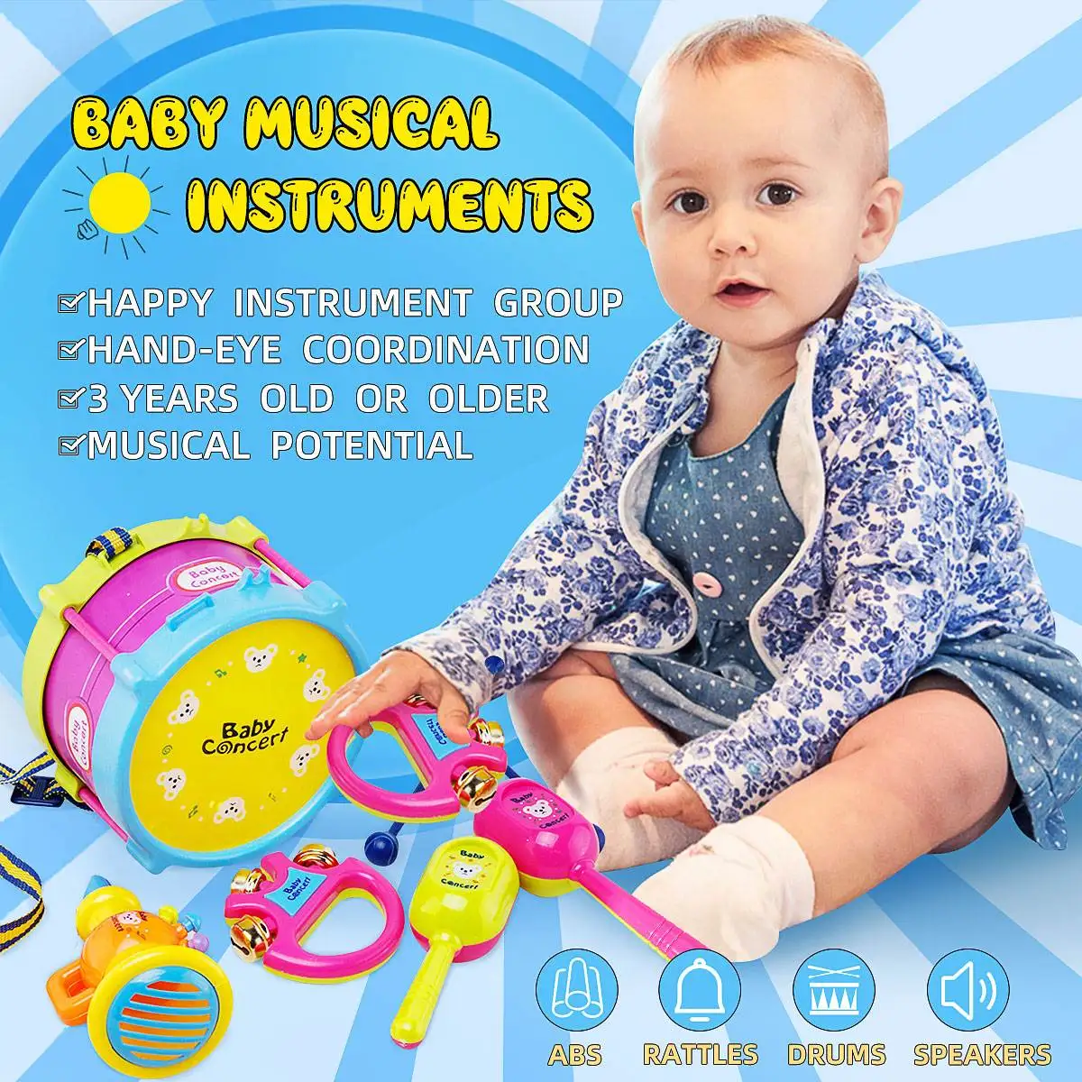 

Для детей, партия из 5 пар барабан Трубач-игрушка музыка ударный инструмент пополняемый набор музыкальная игрушка набор для раннего развити...