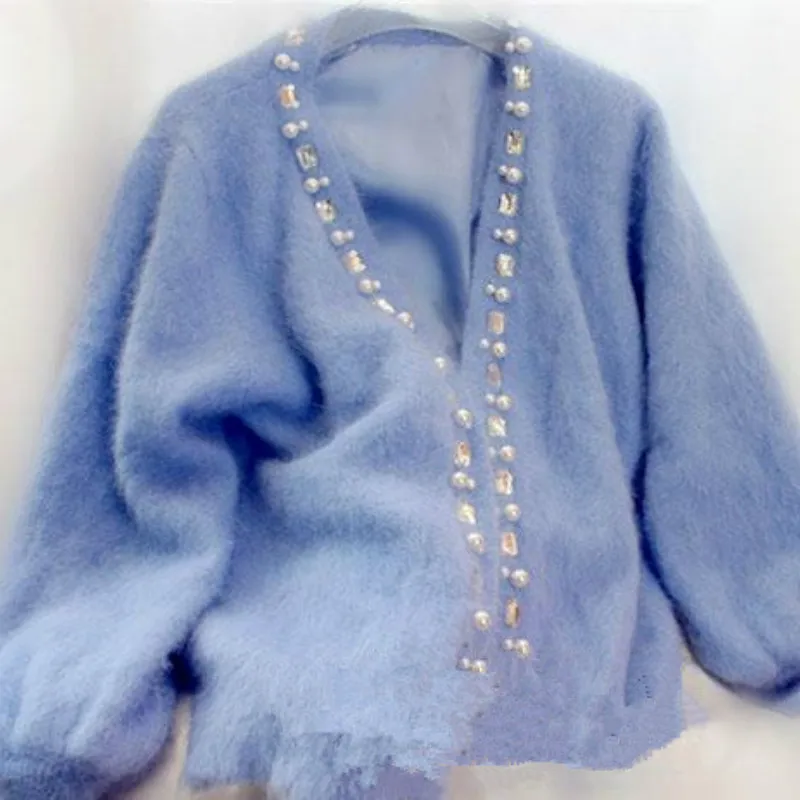 

Rhinestone Beads Crocheted Sweater Coat Mohair Pearls Velvet Knitted Cardigans Jacket Long Lantern Sleeve Plush Crop Tops Sueter