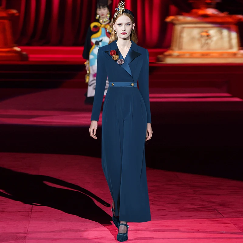 

Lapel Three-dimensional Flower Decoration Long-sleeved Wide-leg Jumpsuit for Women 2021 Autumn New Elegant