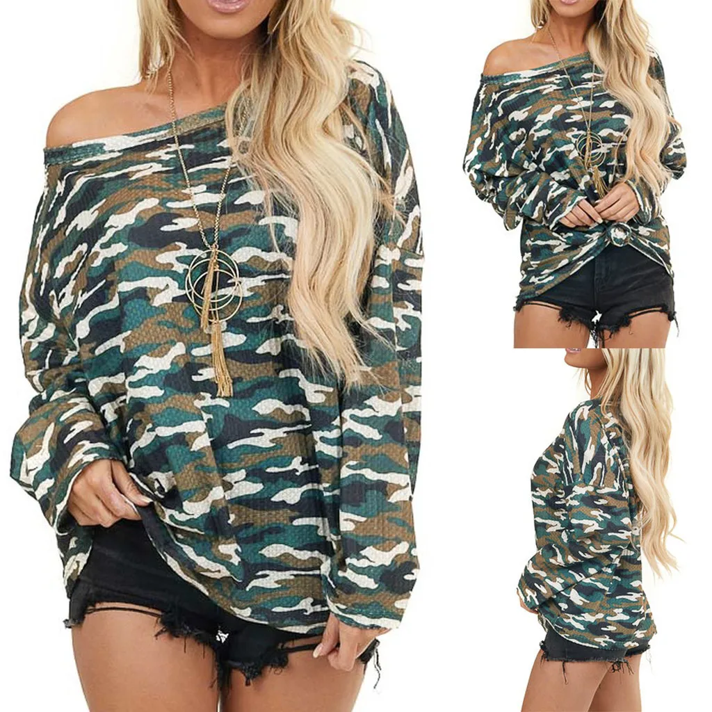 Модный Женский свитшот с v образным вырезом и камуфляжным принтом Свободный