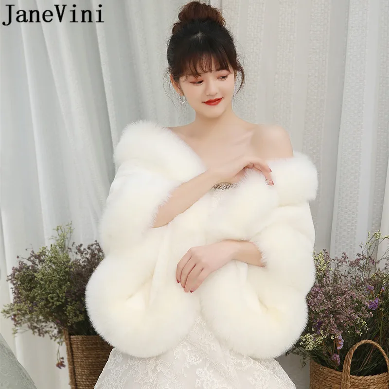 JaneVini Plus Size 165*55 cm Women Fur Jacket Cape Shawl Winter Stole Wedding Bolero Bridal Wraps Faux Fur White Red Cape Rouge