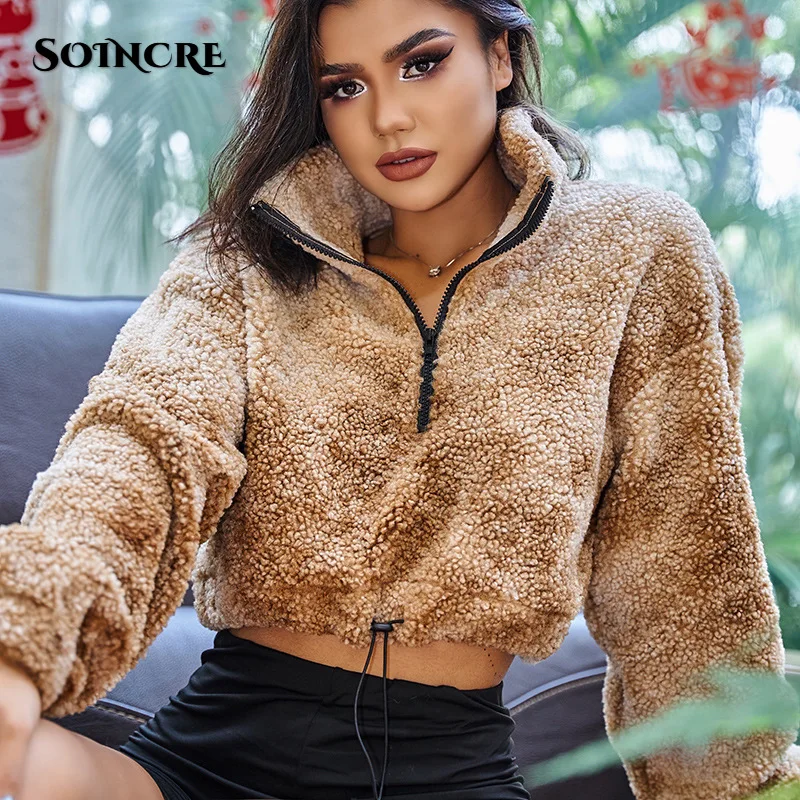 

Autumn Winter Lamb Velvet Sweatshirt Women Fashion Stand Collar Warm Solid Color Pullover Slim Long Sleeve Fluffy Top 2021Street