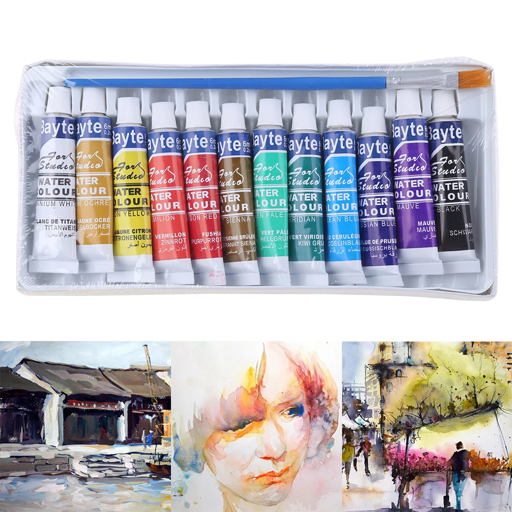 12 Colors Tubes 6ml Paint Tube Drawing Painting Watercolor Pigment Set With Brush Art Supplies | Канцтовары для офиса и дома