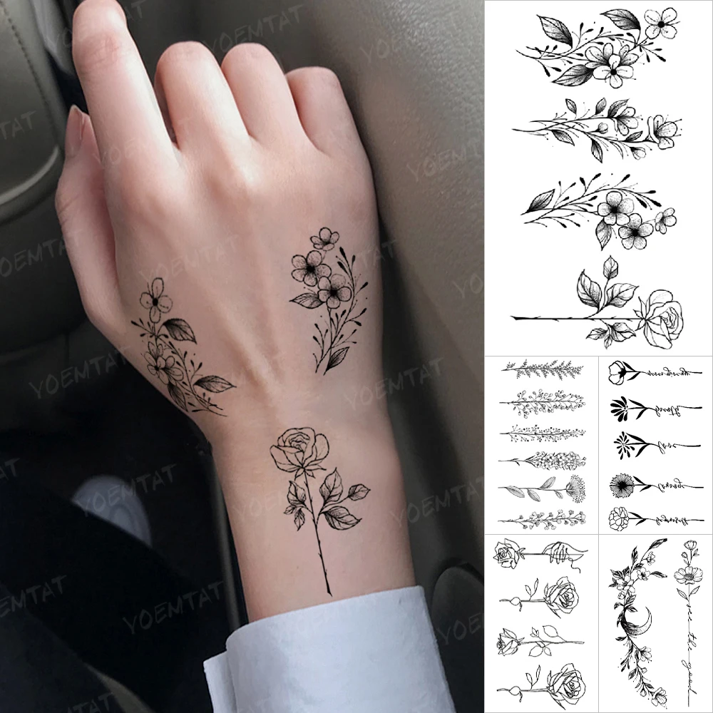 

Waterproof Temporary Tattoo Stickers Cherry Blossoms Bouquet Flowers Rose Peony Black Tatoo Arm Wrist Hand Women Glitter Tattoos