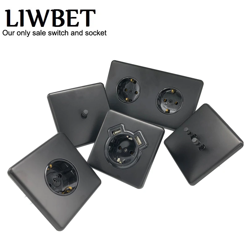 LIWBET EU Standard Wall Switch And Black Stainless Steel Panel 2 Way Light Switch And Wall Socket With Double Dimmer Switch
