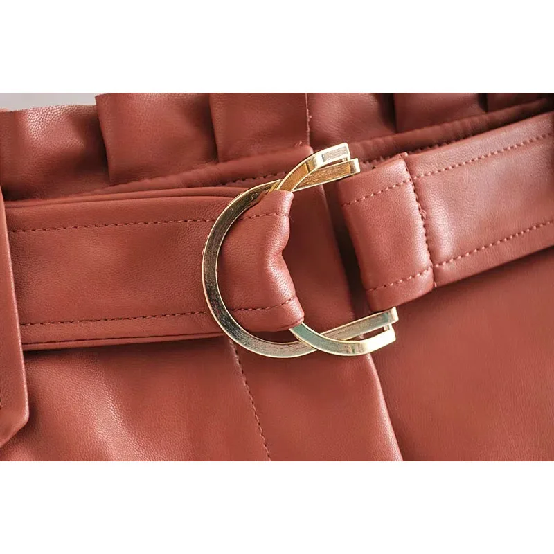 

Stylish Chic Pu Leather Mini Skirt with Belt Za Fashion Women High Waist Pleated Hem Skirts Casual Streetwear Party Faldas
