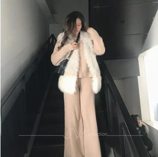 pink outfit Черный свитер костюм женский пуловер нерегулярный Повседневный свитер женский+ длинные широкие брюки осень зима корейский комплект из 2 предметов - Цвет: pink outfit
