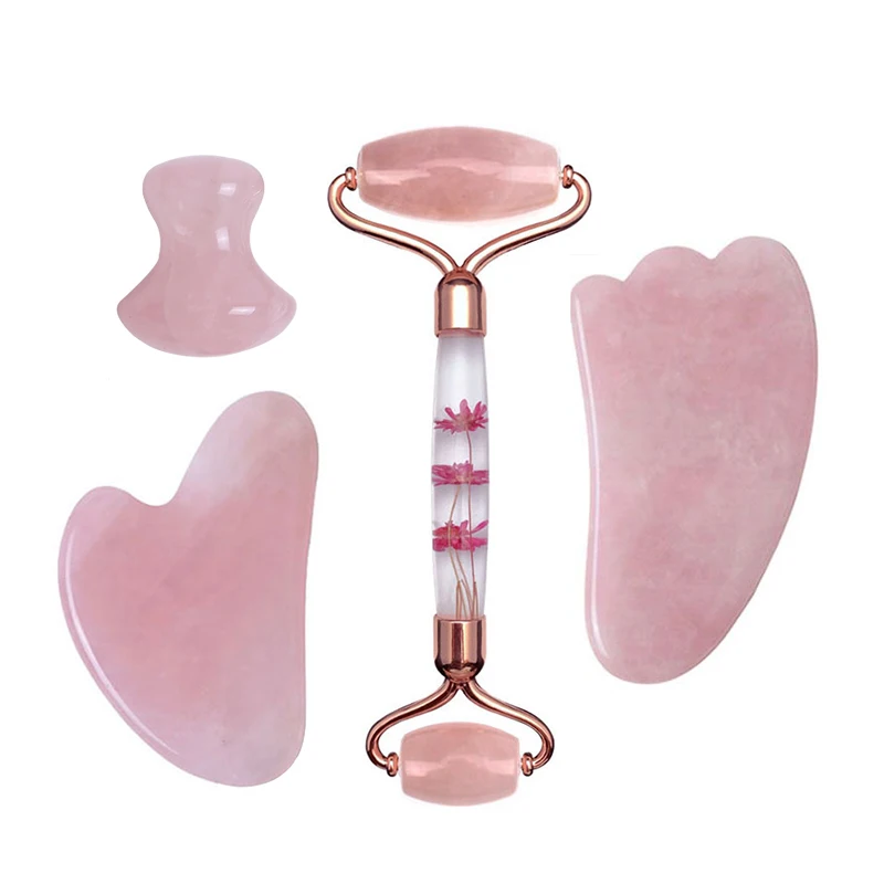 

Rose Quartz Facial Massager Eternal Flower Roller Face Guache Scraper Jade Massage Roller Gua Sha Gouache Massage Set Skin Care