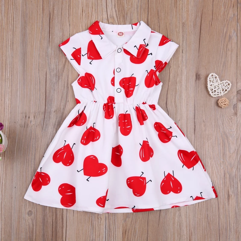 

Kid Girls Lapel Neck Dress Heart Pattern Printed Short Sleeve Button Chest Casual Dresses