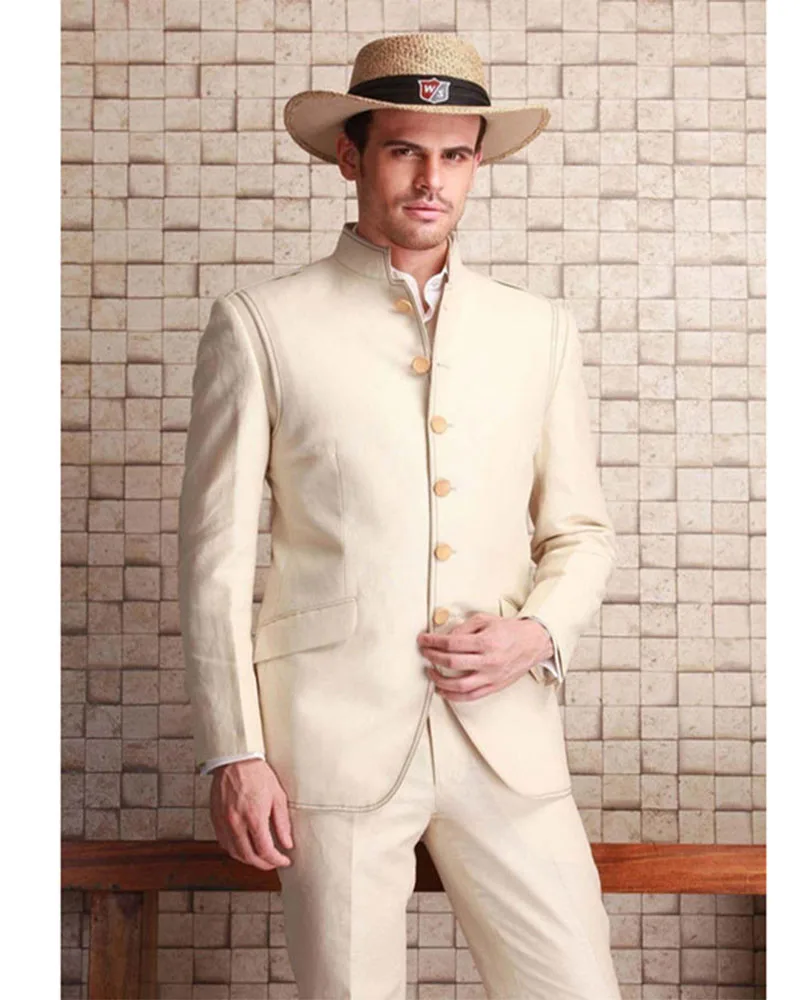 Мужские костюмы с воротником-стойкой бежевые для пляжа свадьбы отпуска мужские