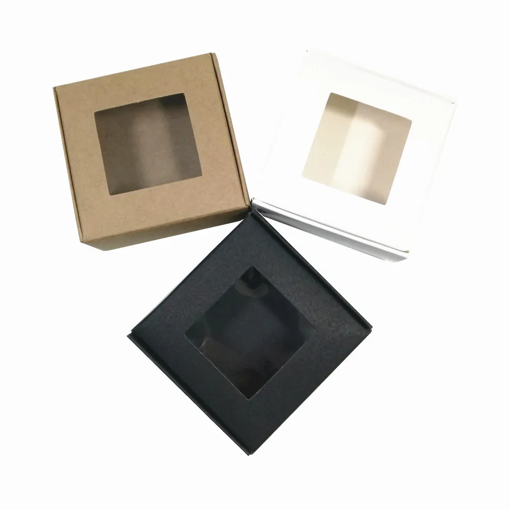 

30PCS/ Lot Foldable Kraft Paper Box Retro DIY Gift Paperboard Case Jewelry Craft Soap Mini Cake Storage Boxes With Clear Window