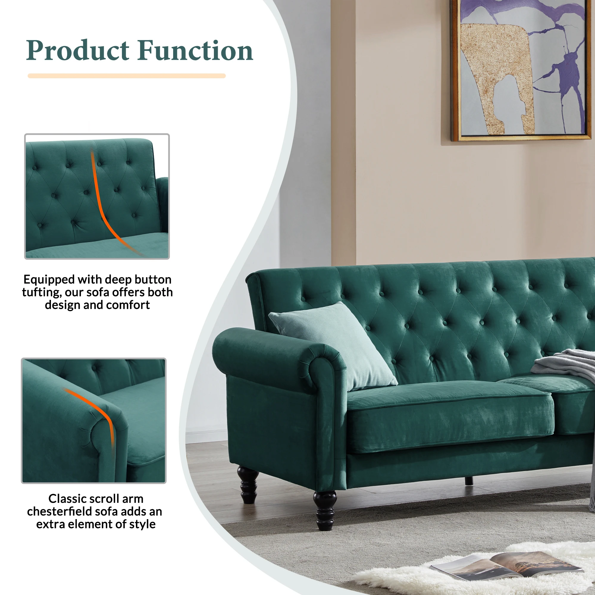 

Classic Sofa Couch Living Room Furniture Mid-Century Upholstered Velvet Fabric Tufted Sofa Bedroom Couch Drop Shipping