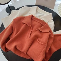 orange cropped sweater womens pullover fall 2021 fashion casual turn down collar short slim skinny white green tops new