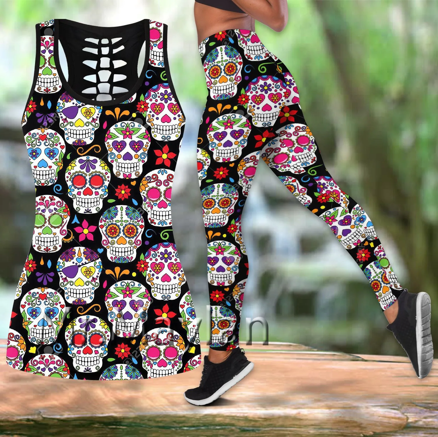 

Sexy Summer Hollow tanktops & Leggings Skull Flowers 3D Print Women vest Country Girls Hipster Set Drop ship-078