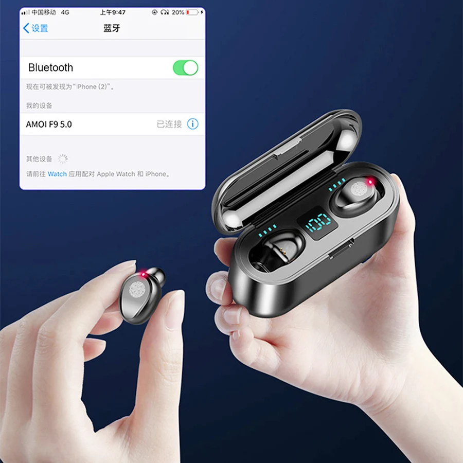 Беспроводные Bluetooth наушники F9TWS, сенсорные наушники, стерео гарнитура с шумоподавлением, наушники-вкладыши с зарядкой 2000 мАч