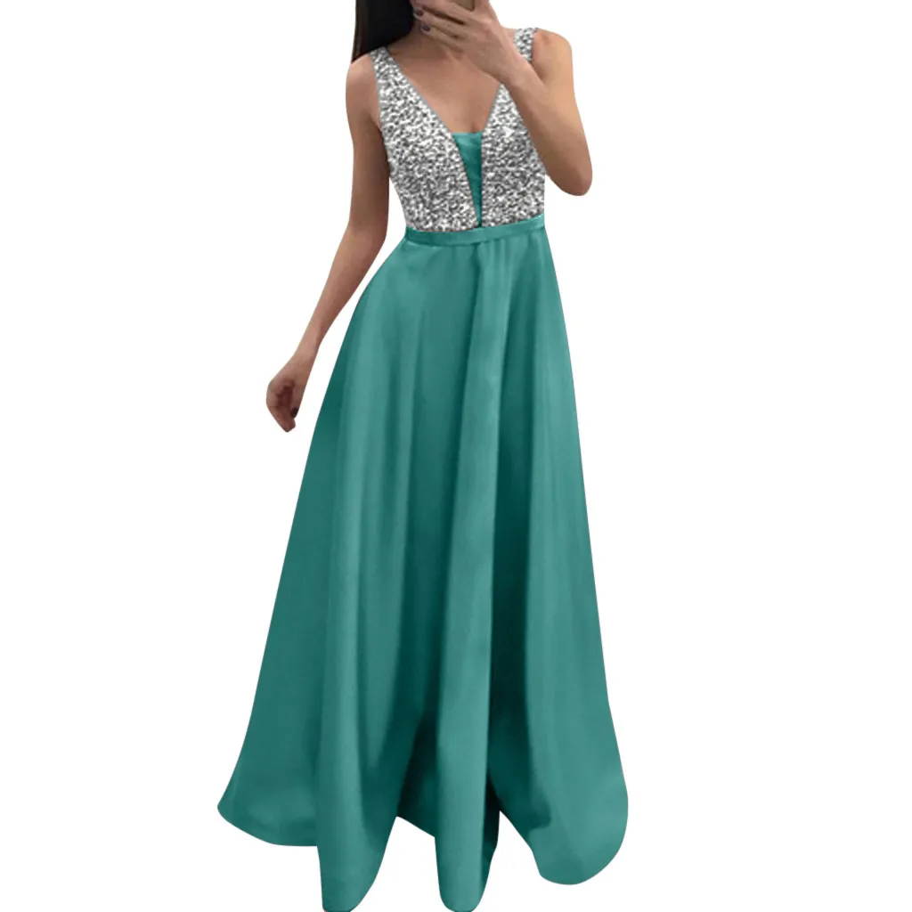 Женская мода платья с блестками без рукавов вырезом в форме буквы V длинное
