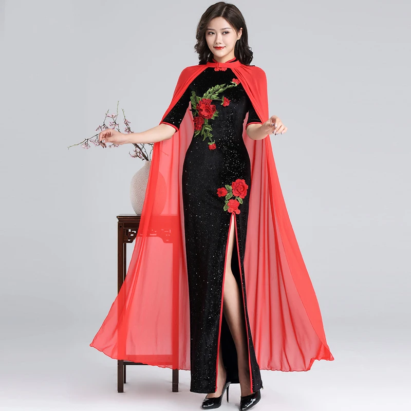 Женский костюм для танца живота элегантное черное платье с длинным рукавом Ципао