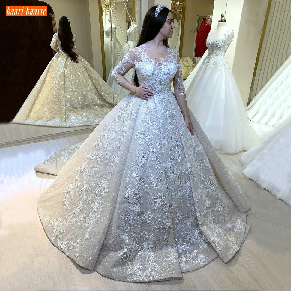 Купи Luxury White Lace Wedding Dresses 2021 Appliqued Ball Gown Bridal Dress Long Sleeve Princess Elegant Vestido De Novia Customized за 10,140 рублей в магазине AliExpress