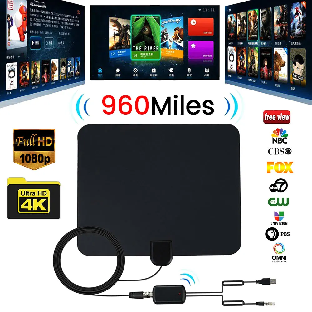 

960 Mile Range Digital HD TV Antenna Indoor Amplified with 4K HD1080P DVB-T Free view Channels Broadcast Home Smart TV-Antenna