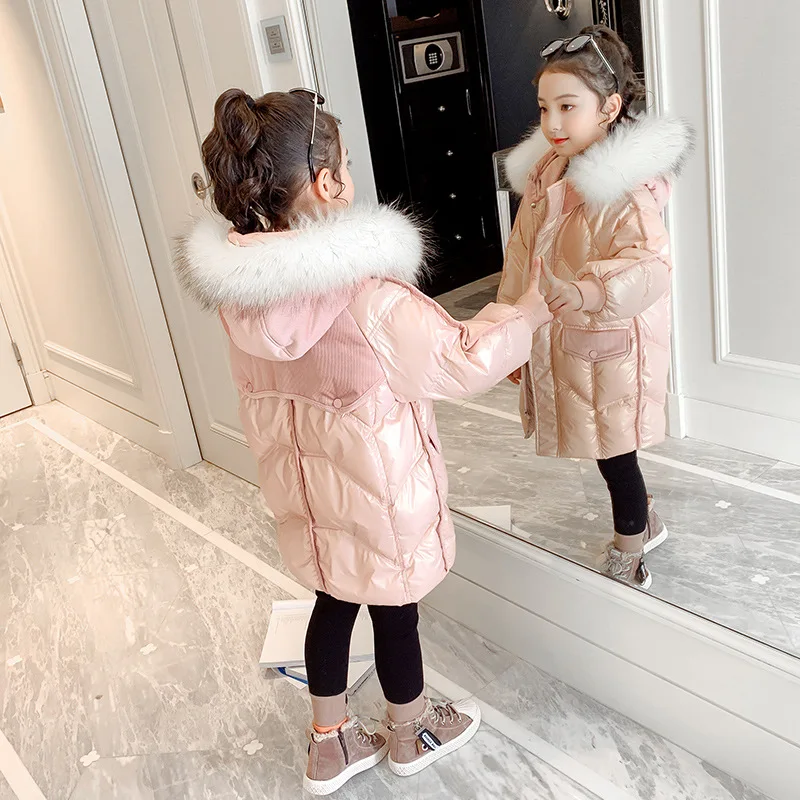 Winter Girls Sweet Elegant Wadded Jacket Children Pink Down Cotton Coat Baby Kids Teenage Big Fur Collar Parka Outwear Snowsuit
