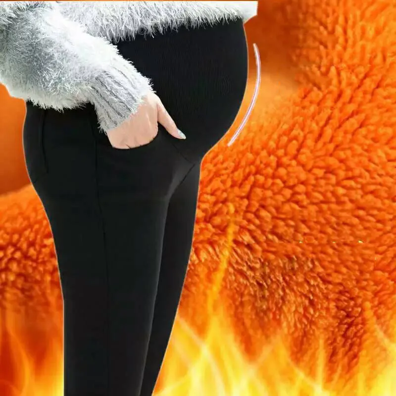 Зимние брюки для беременных из смеси хлопка золотые бархатные черные плотные