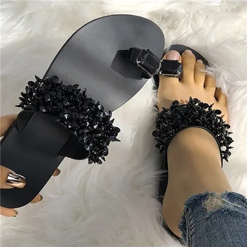 black-2 Тапочки; женские летние Вьетнамки со стразами и бантом-бабочкой; Chanclas Mujer; летние пляжные шлепанцы для девочек; плоская подошва; размера плюс - Цвет: black-2