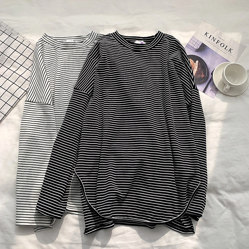 

2021 New Spring O-Neck Split Hem Striped Women Fashion T Shirts Long Sleeve Cotton T Shirt Women Clothes Slim Fashion Tops