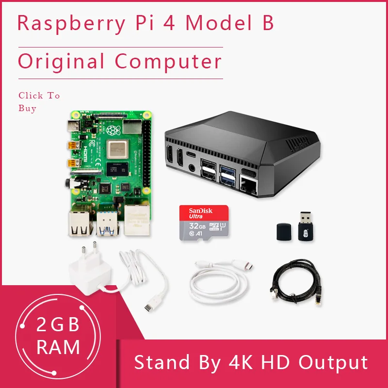 

Original Raspberry Pi 4 Model B Kit Pi4 2G board Micro HDMI Cable Power Supply With Switch Case With Fan Heat Sinks