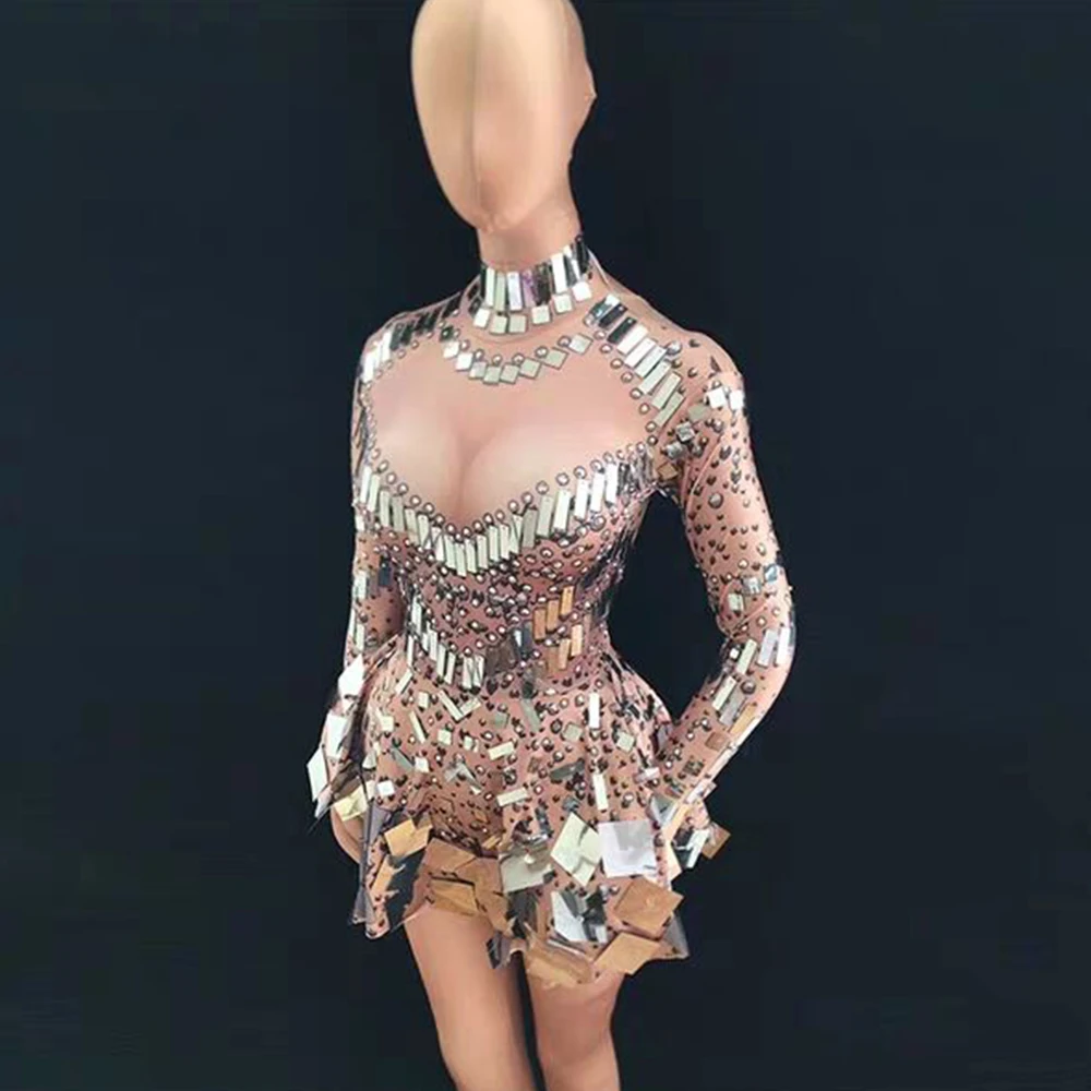 Женское платье из спандекса блестящее зеркальное телесного цвета черное