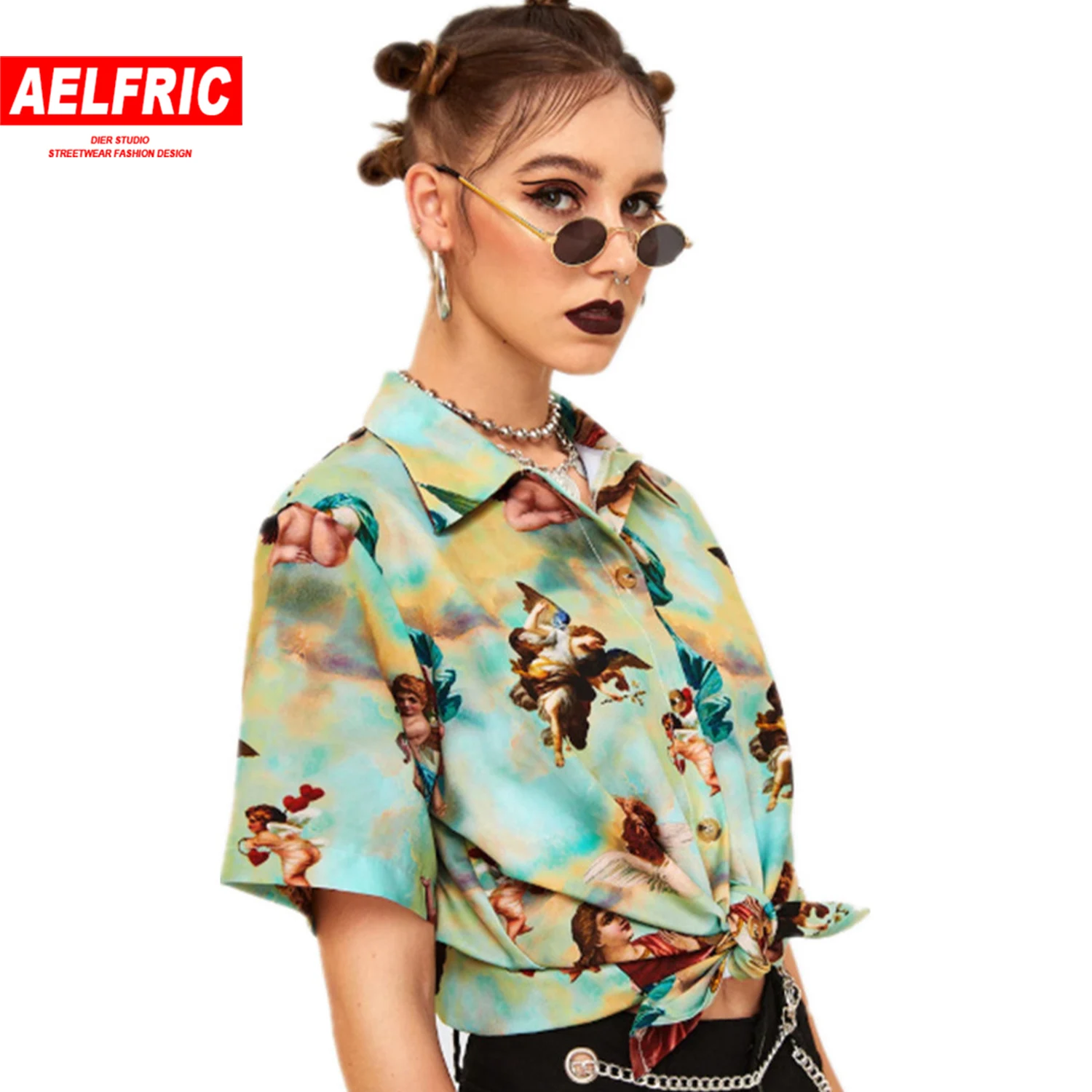 Aelfric 2020 Spring Summer Personalized Street Shooting Trendy Flower Shirt Loose Design Women Hip-hop Angel Short Sleeve | Женская