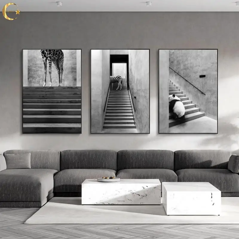 

Canvas Painting Panda Giraffe Flamingo On Stairs Wall Art Black White Nordic Posters and Prints Pictures for Home Decor