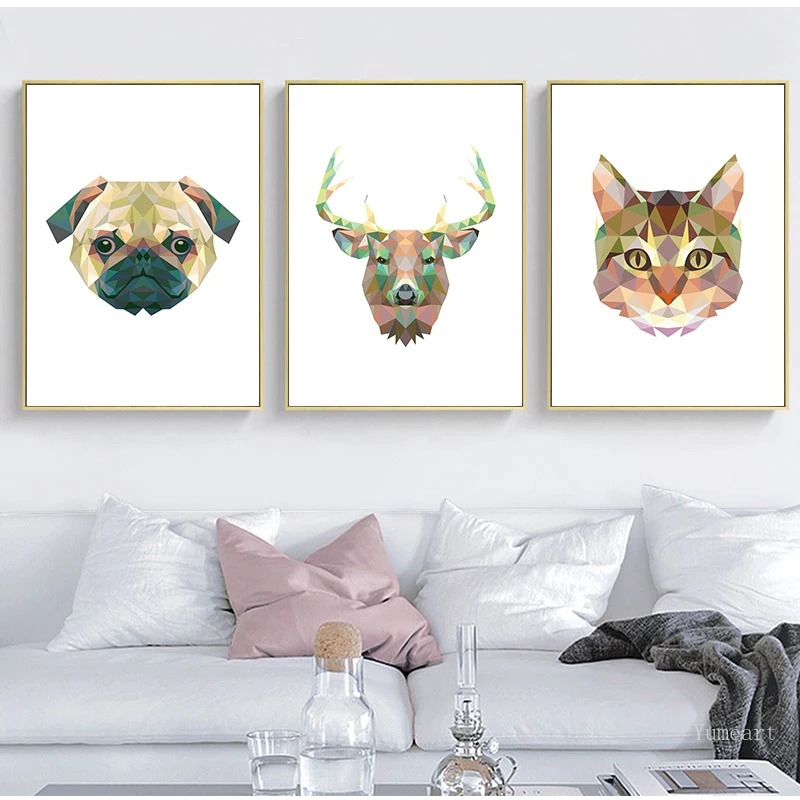 Абстрактная Геометрическая Картина на холсте с изображением оленя льва тигра