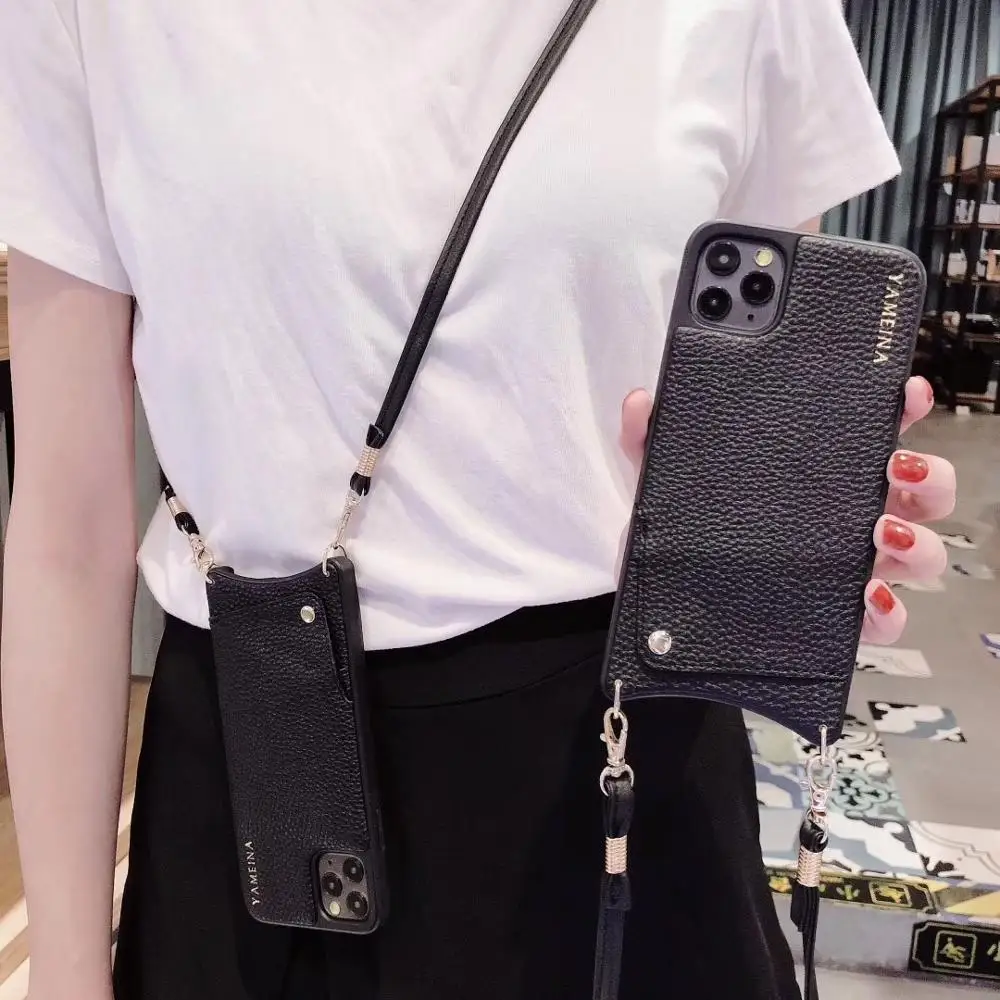 Кожаный чехол кошелек с ремешком для кредитных карт телефона длинной цепочкой