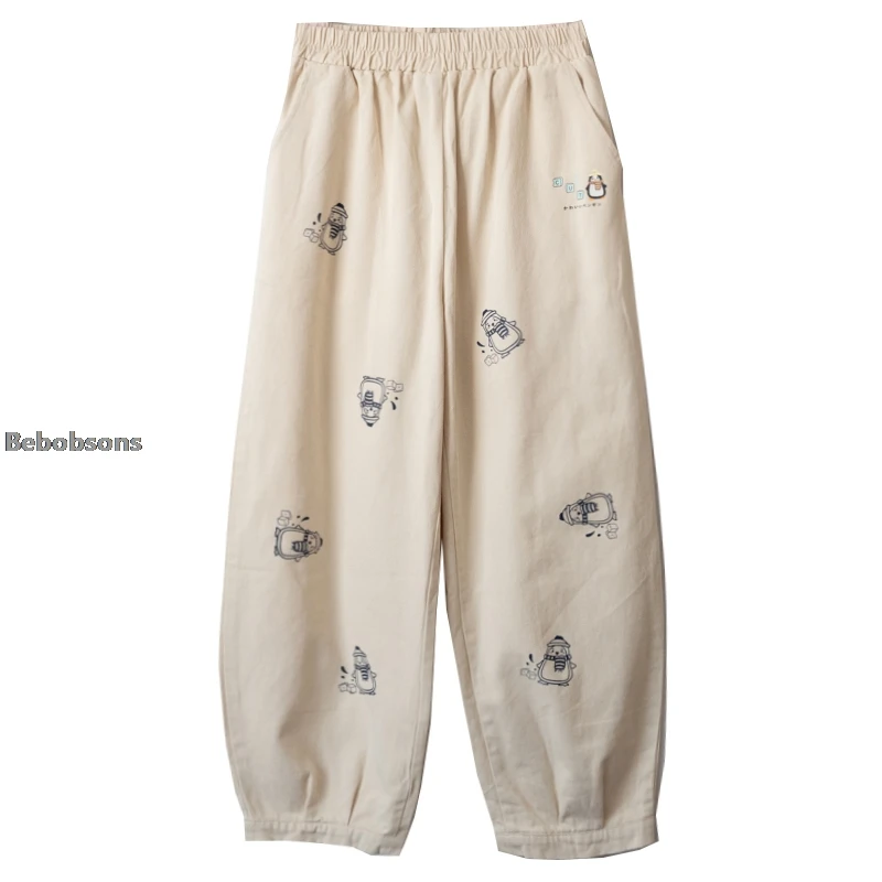 Повседневные Хлопковые женские брюки с принтом снеговика вышивкой эластичным