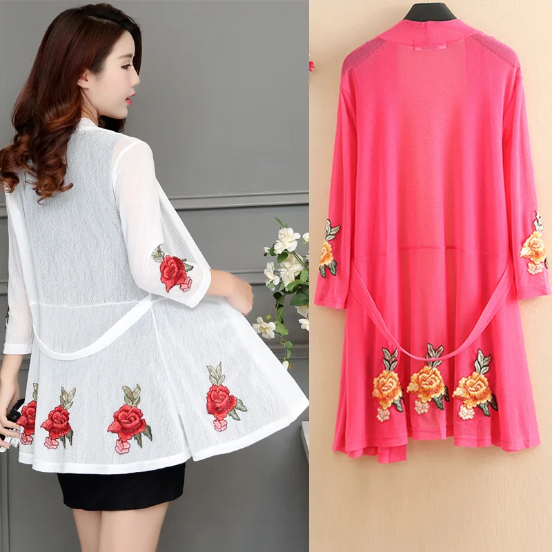 

Женское пляжное кимоно с цветочной вышивкой, свободная Тонкая блузка в Корейском стиле, лето 2021, L484
