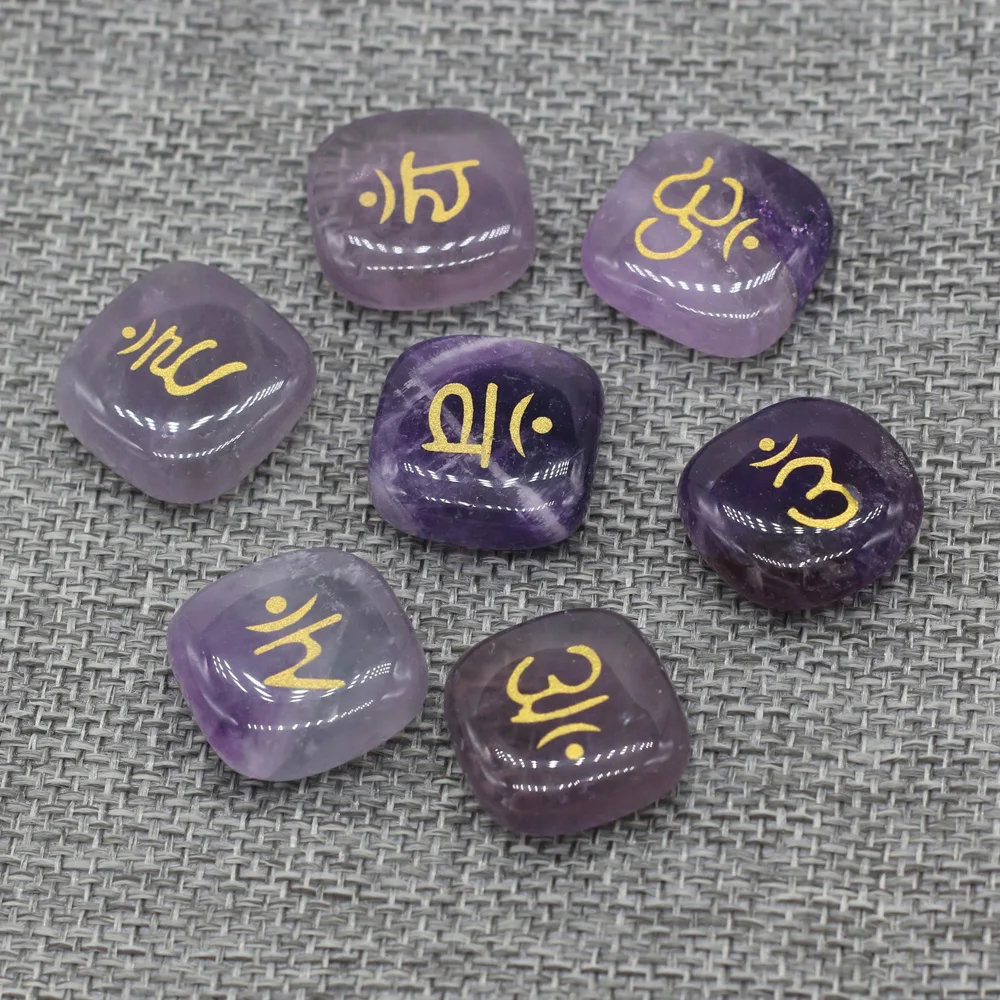 

7 Pcs Natural Stone Amethysts Beads Divination Rune Stone for Fashion Jewelry Making Supplies Engraved Symbols