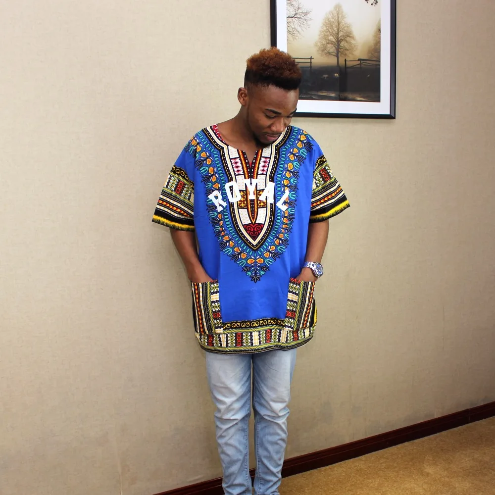 Африканская футболка синяя королевская одежда унисекс с принтом Дашики Мужская