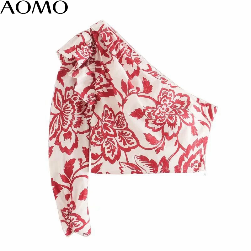 

AOMO fahsion women retro floral print crop blouse off shoulder long sleeve 2020 new chic female sexy slim shirt tops 5Z154A