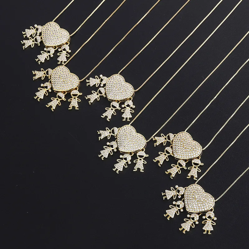 

Gorgeous Family Member Pendant Necklace Fashion Micro-Studded Zircon Love Heart Boy Girl Parent-Child Jewelry Necklace for Women