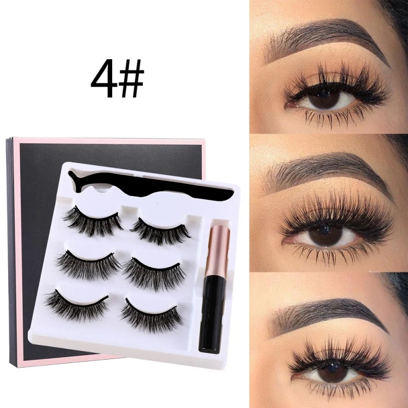 

3D Magnetic False Eyelashes 3 Pairs Magnet Eyeliner Mink Fake Eyelash Waterproof Liquid Tweezers Set Long Lasting Eyelash Makeup