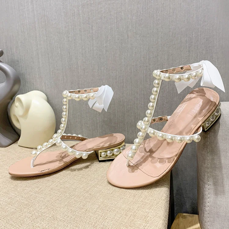 

Rome Women's Sweet Ankle Strap Lace Up Back Low Heels Sandals Pearls Beading Shoes Party Flip-flop