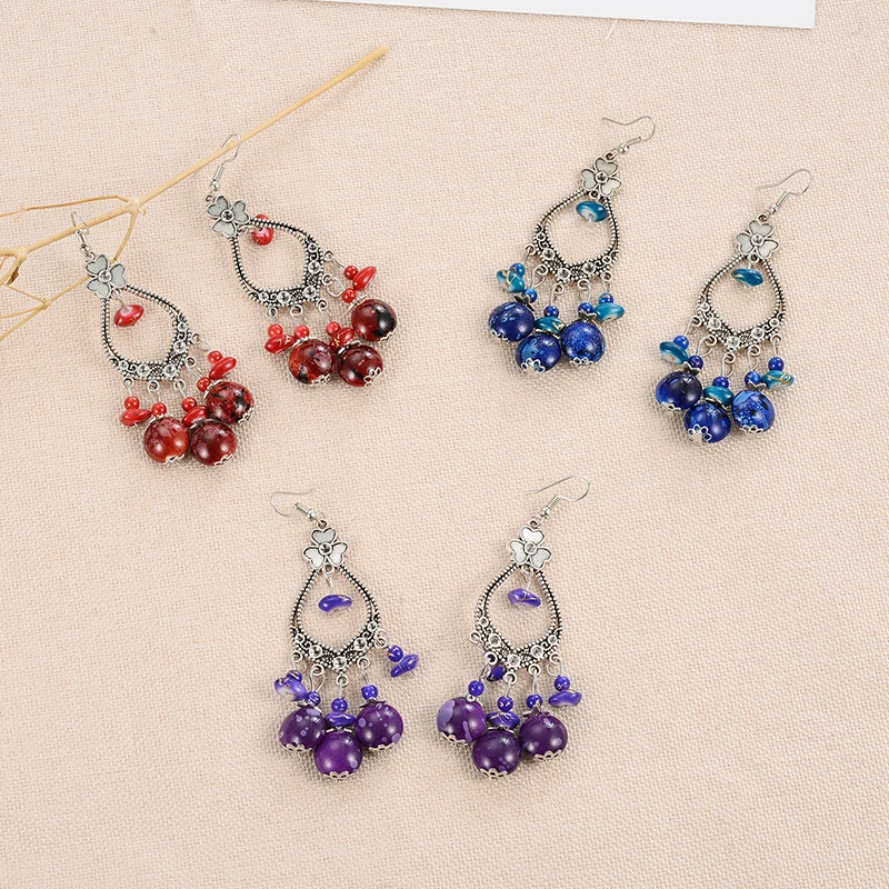 

2023 Bohemia Purple Blue Red Geometric Beads Tassel Drop Dangle Earrings For Women Vintage Ethnic Gypsy Jewelry Gift New