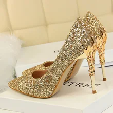 2022 Women 10cm High Heels Fetish Pumps Lady Glitter Metal Carving Wedding Bridal Heels Bling Luxury Design Party Scarpins Shoes