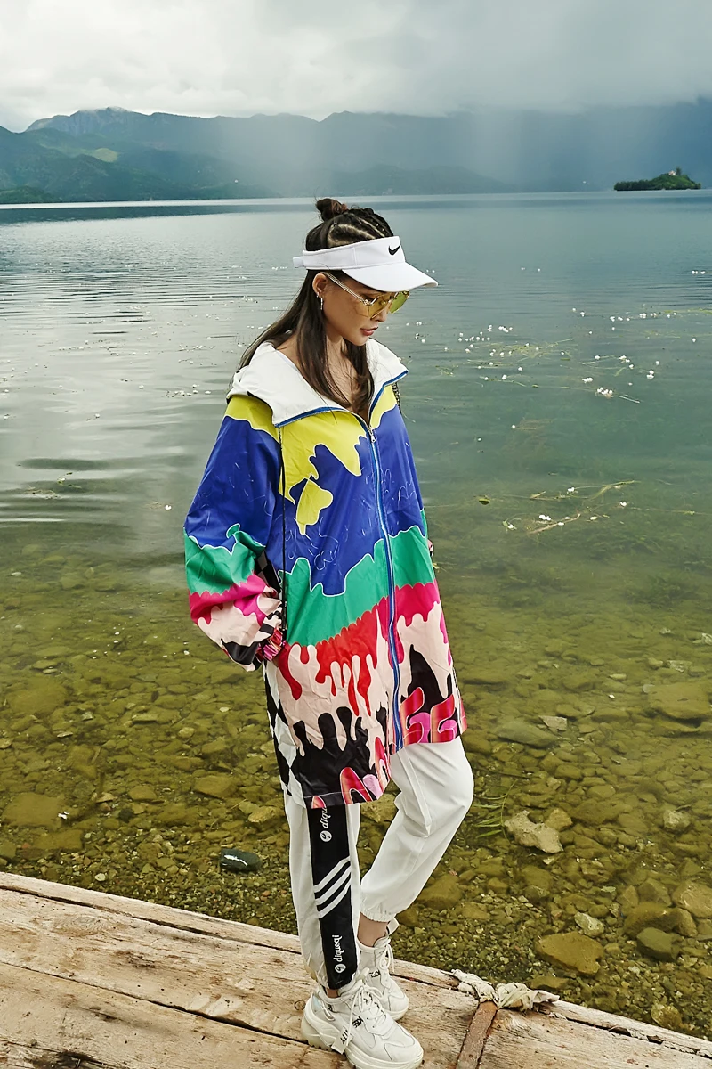 

Spring and summer windbreaker new hit color mid-length hooded jacket Harajuku graffiti tide brand women's loose outdoor clothing