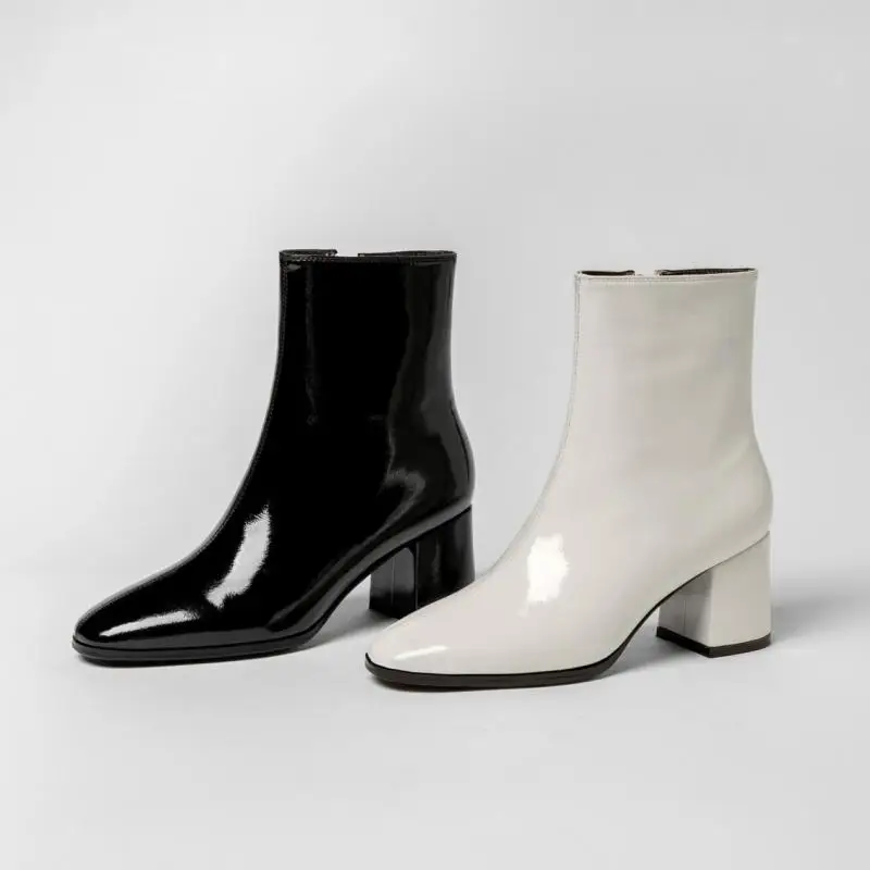 

Women High Heels Patent Leather Short Boots 2021 New Ladies Shoes Autumn Winter Fashion Square Toe Woman Black White Ankle Boots