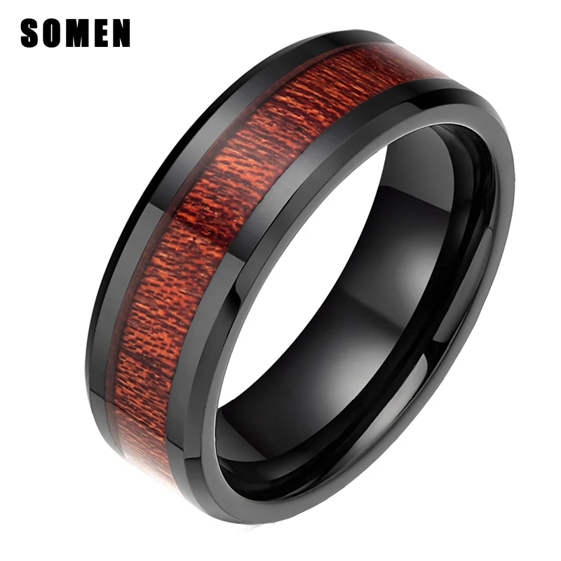 

8mm Brand Luxury Men's Black Ceramic Ring Mahogany Wood Inlay Male Wedding Band Engagement Rings For Women Comfort Fit Anel anei