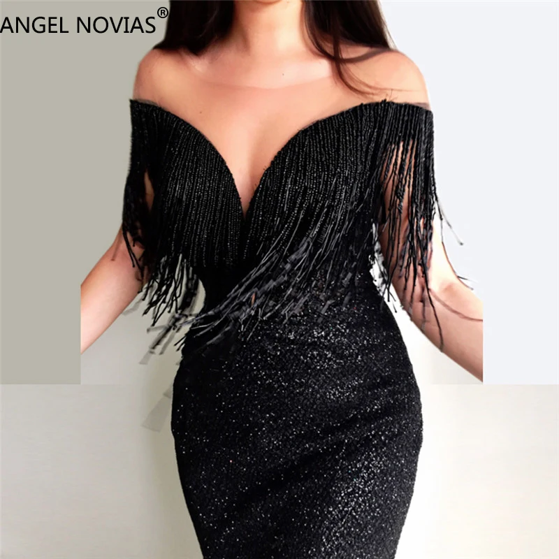 Длинные блестящие вечерние платья ANGEL NOVIAS черное платье русалки с кисточками для