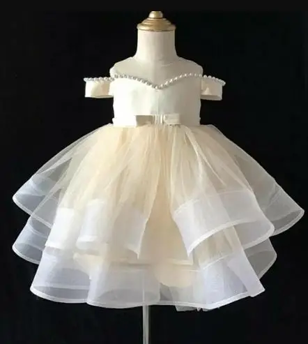New Champagne Puffy Organza Girls Dresses Off the Shoulder Girls Birthday Dress Pageant Gowns 1-16Y