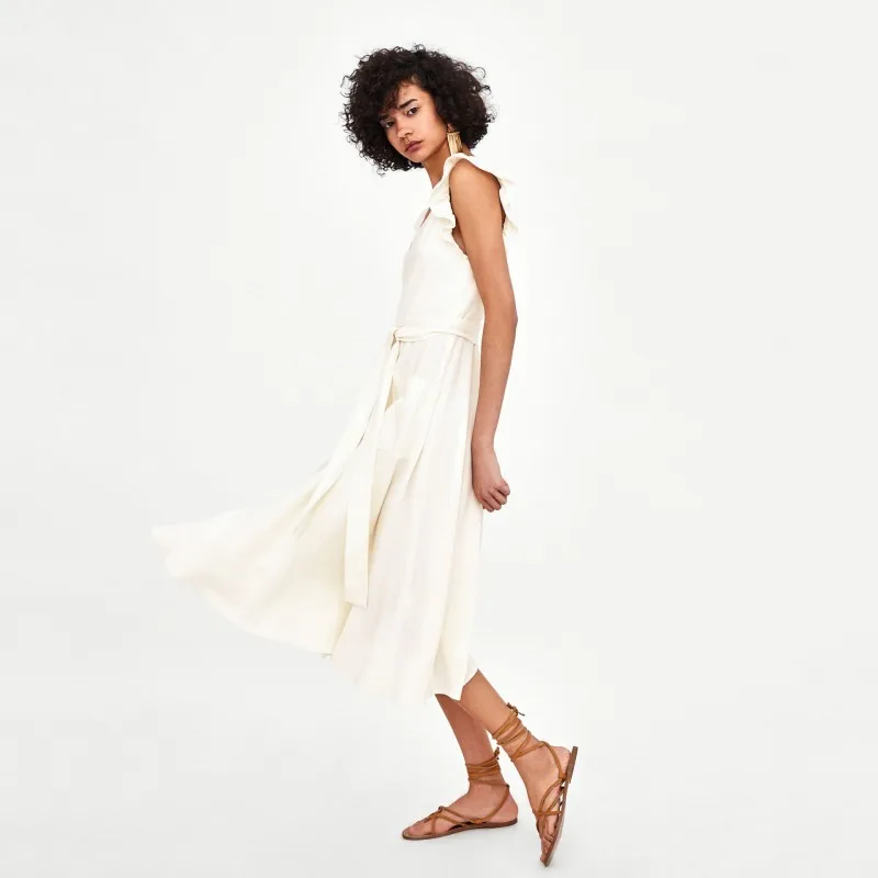 Elegant Ruffled White Dress Women Sleeveless Backless Bow Midi Summer Pocket Casual Sexy V-Neck Beach 2020 Vestido | Женская одежда